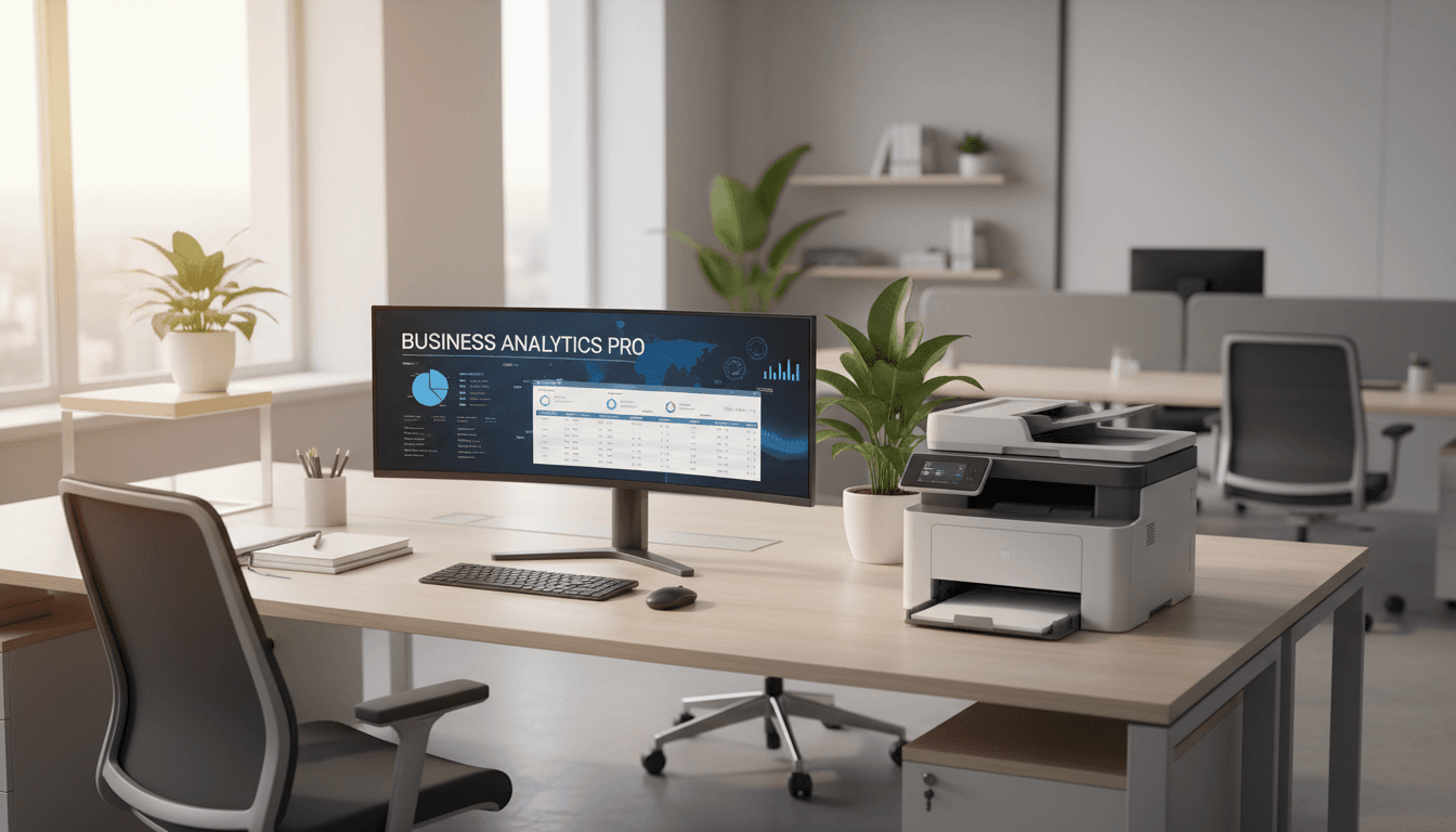 Moderno ufficio con multifunzione laser, computer e accessori professionali