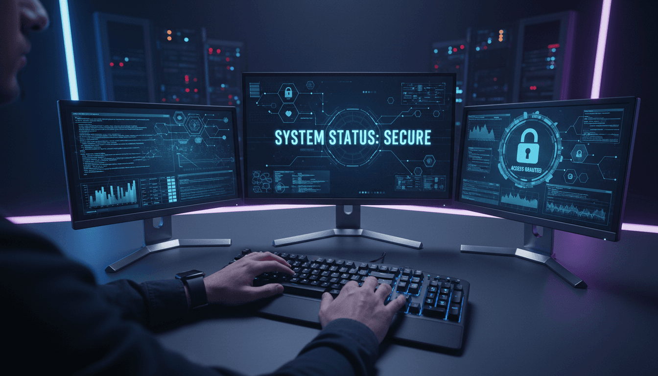 Professionista che monitora sistemi di sicurezza informatica su più schermi