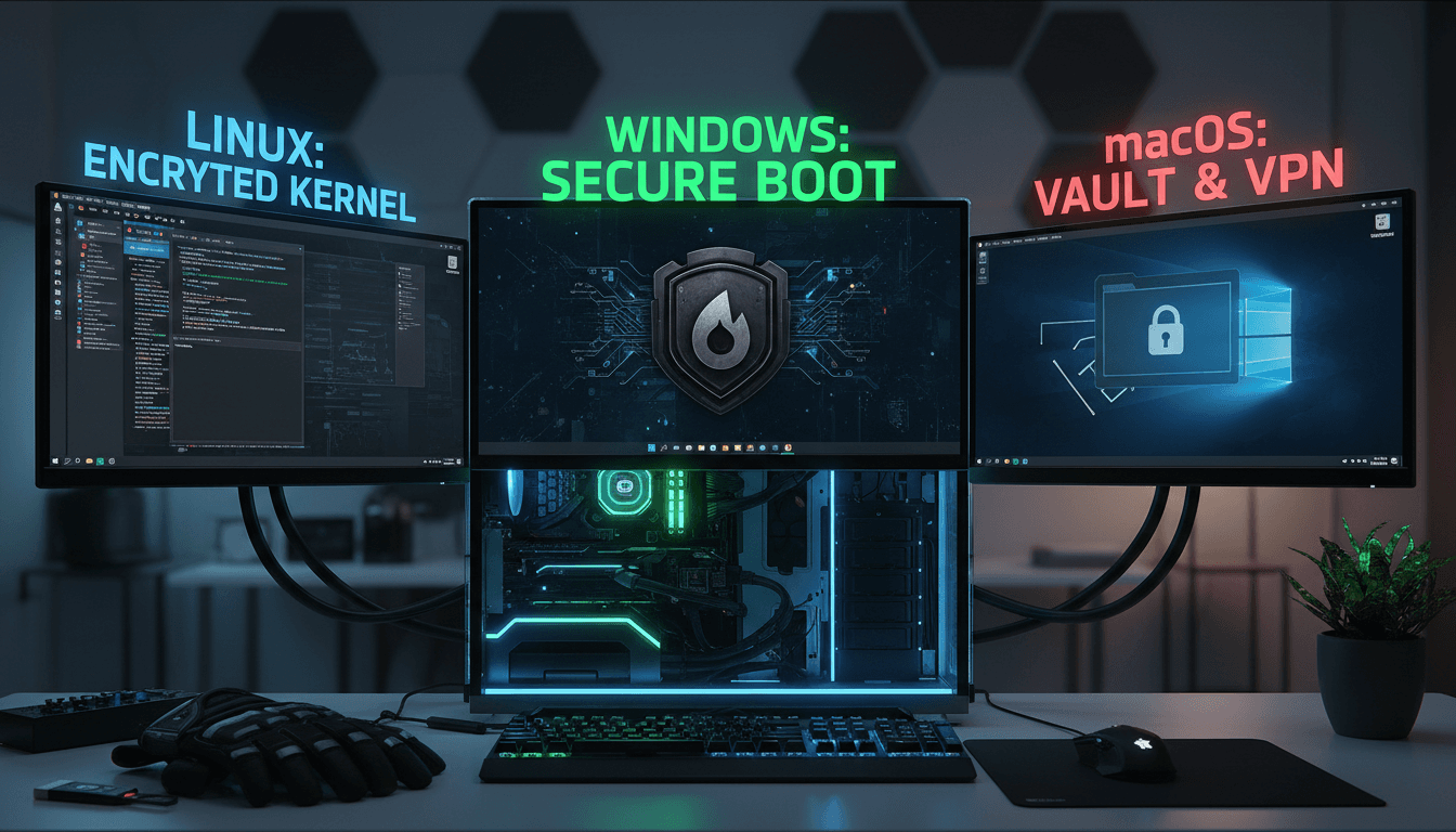Computer with Windows, Linux, and Mac OS, emphasizing cybersecurity.