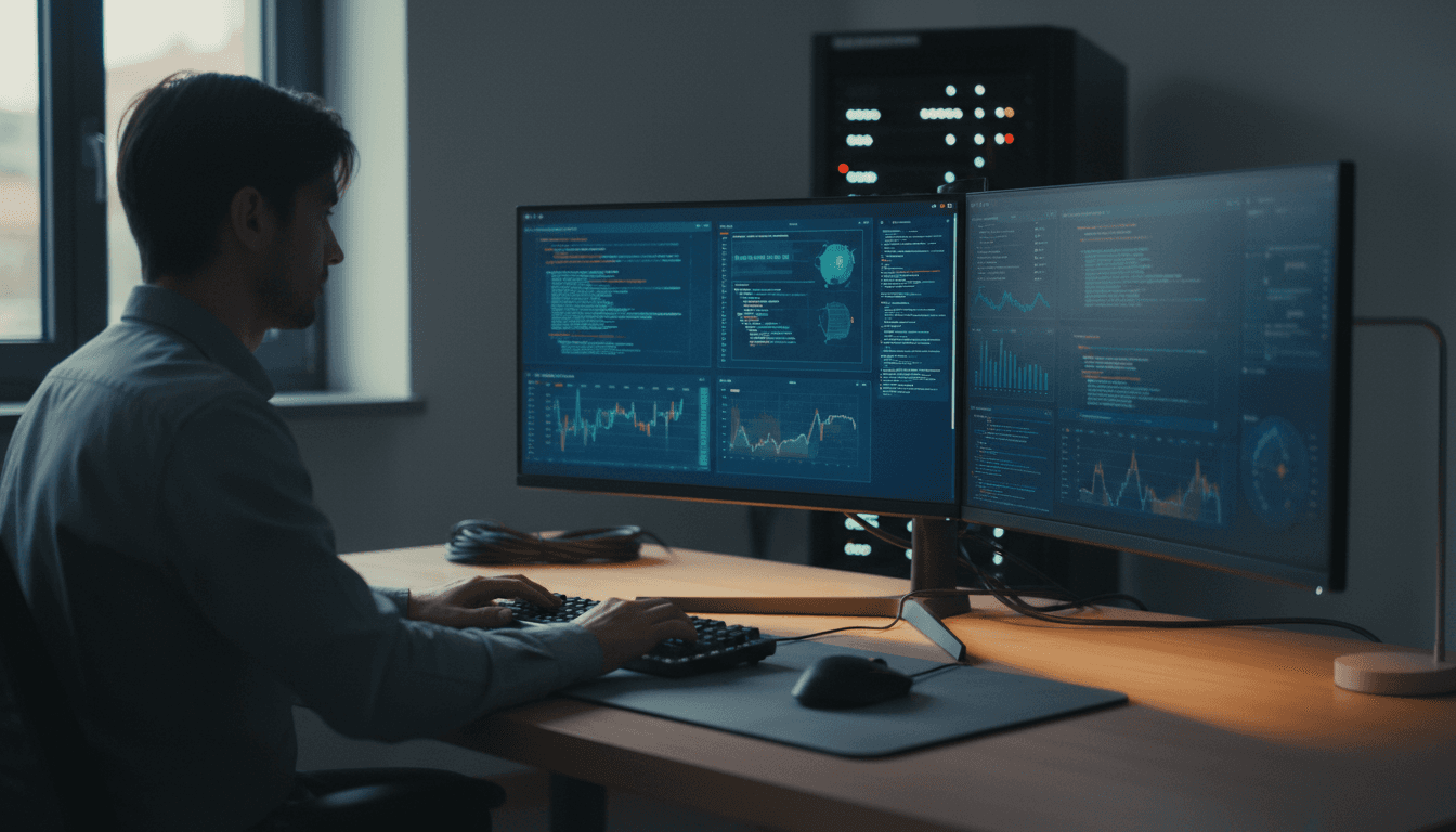 Professionista di sicurezza informatica al lavoro presso una postazione moderna con monitor di controllo della sicurezza