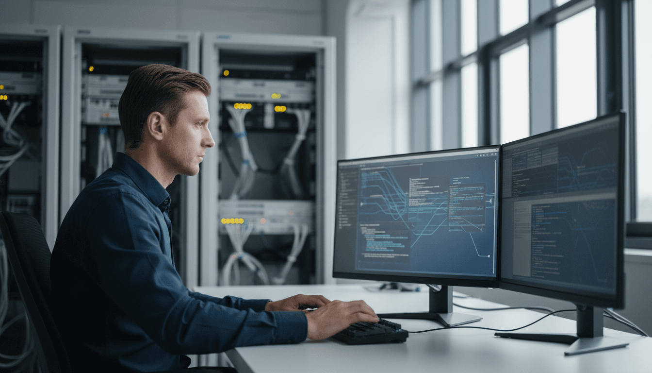 Tecnico IT di GR Informatica che lavora su cybersicurezza presso workstation con monitor professionali