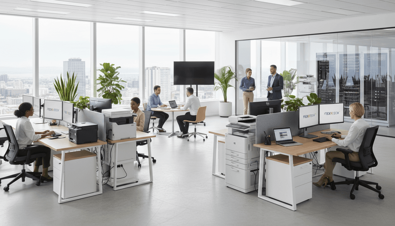Modern open-plan corporate office with diverse employees using rental printers and IT equipment at multiple workstations