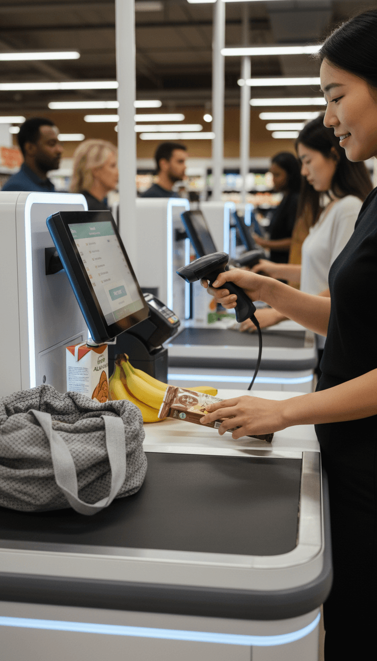 Customer using self-checkout kiosk with payment technology, scanning barcode with reusable shopping bags at modern grocery store checkout